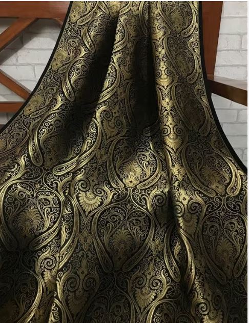 Indian Banarasi Brocade Fabric in Black and Gold color Multiple lengths will come in the continuous piece - NF144