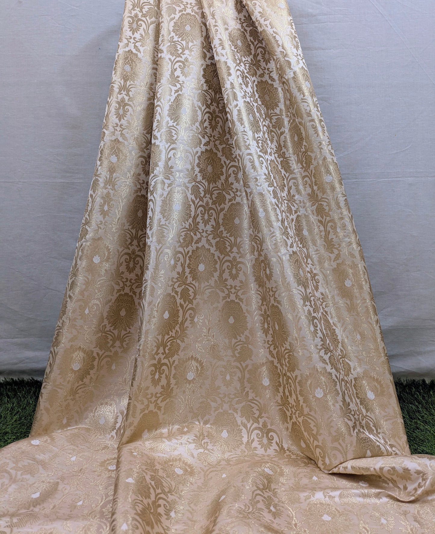 Ivory and Gold Jacquard Brocade Fabric, Wedding inspiration, Floral brocade, Metallic brocade, Rayon silk brocade - NFAF159