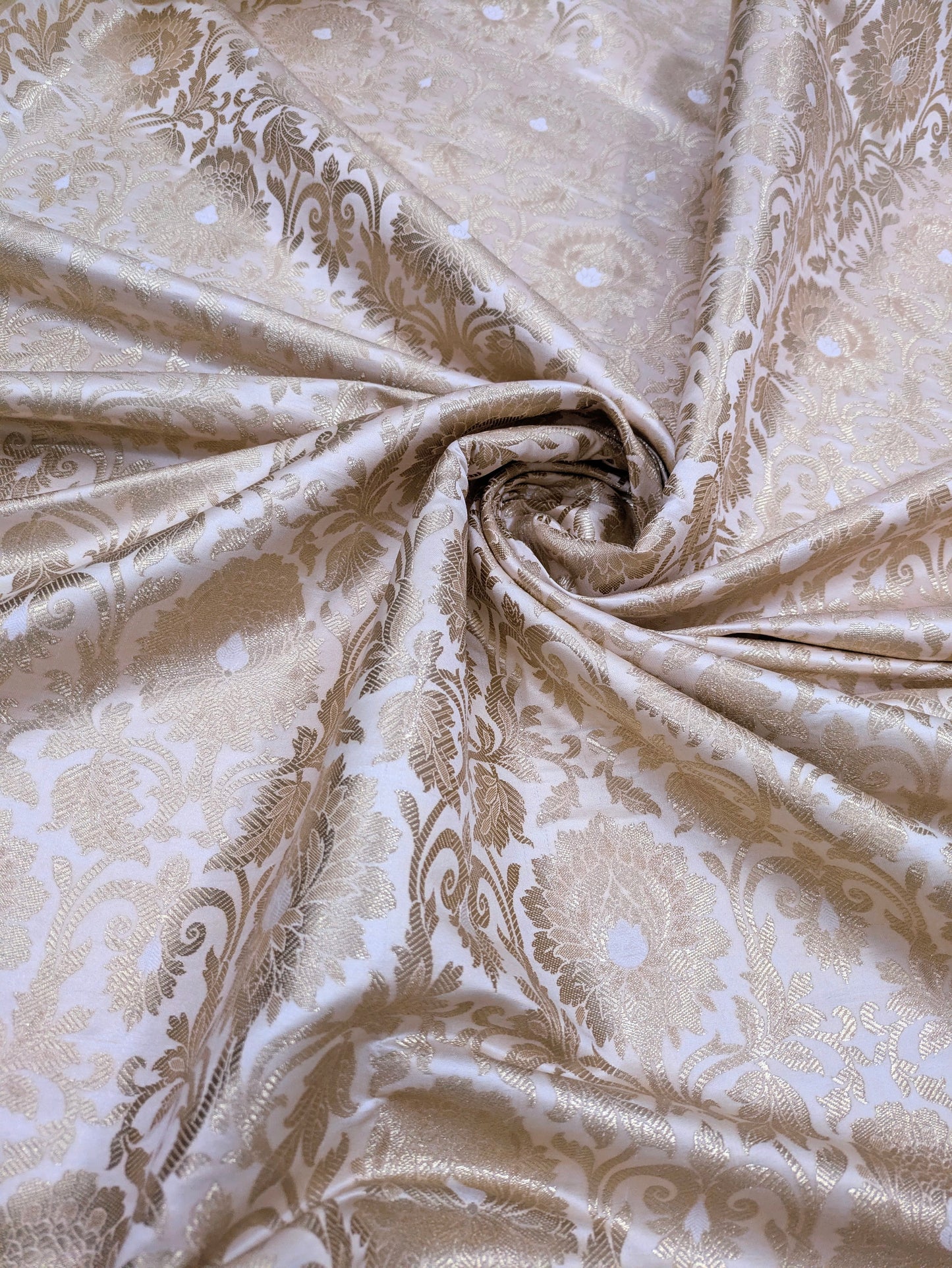 Ivory and Gold Jacquard Brocade Fabric, Wedding inspiration, Floral brocade, Metallic brocade, Rayon silk brocade - NFAF159