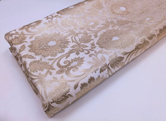 Ivory and Gold Jacquard Brocade Fabric, Wedding inspiration, Floral brocade, Metallic brocade, Rayon silk brocade - NFAF159