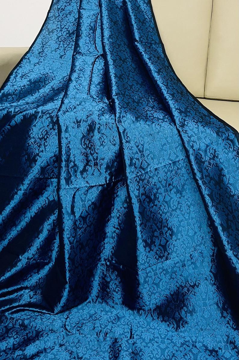 Indian Banarasi Brocade Fabric in Blue Color, Multiple Length will come in the continuous Piece - NF161