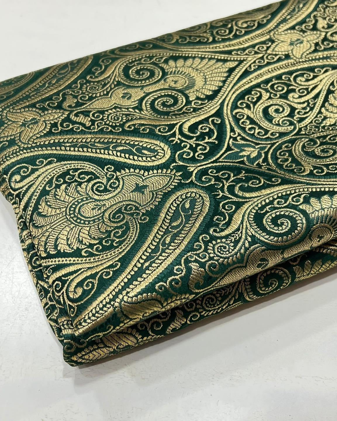 Indian Banarasi Brocade Fabric in Green and Gold color, Multiple lengths will come in the continuous piece - NF182