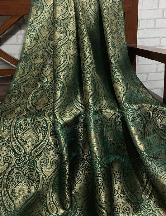 Indian Banarasi Brocade Fabric in Green and Gold color, Multiple lengths will come in the continuous piece - NF182