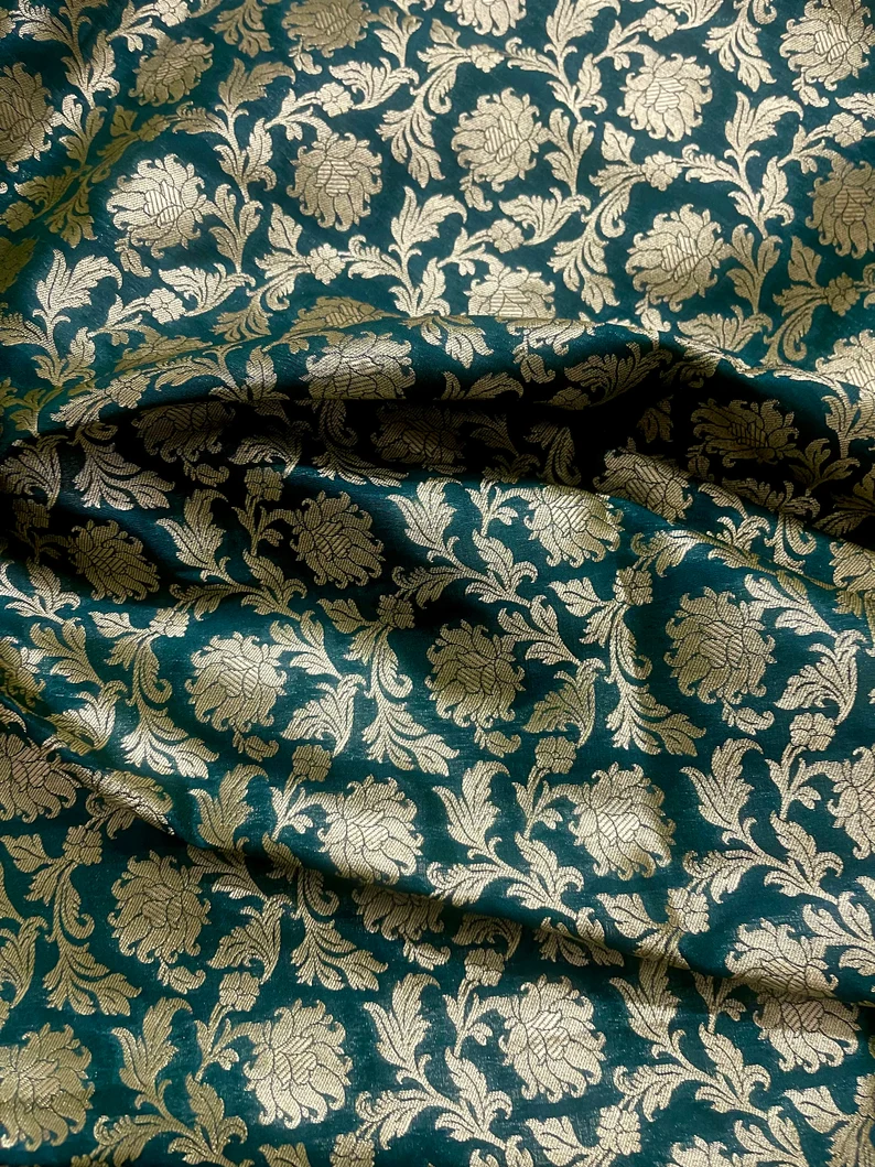 Indian Banarasi Brocade Fabric in Green and Gold Color, Multiple Length will come in a continuous Piece - NF183