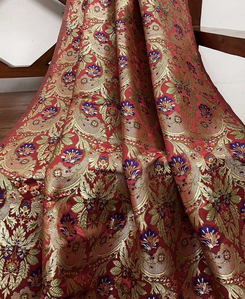 India Banarasi Brocade fabric in Red and Gold color, Multiple lengths will come in the Continuous piece - NF191