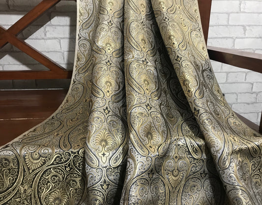 Indian banarasi brocade fabric Medieval fabric Gray Gold Paisley Wedding dress brocade festival clothing  Dress Material