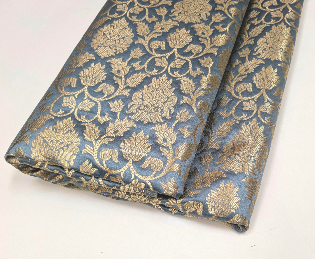 Banarasi brocade fabric, Gray gold Wedding fabric, Jacquard fabric, Rayon silk brocade, Historical fabric, Fabric by the yard/meter - NFAF13