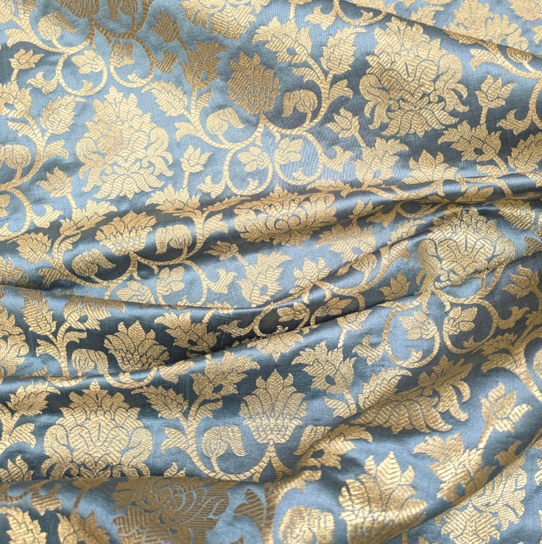 Banarasi brocade fabric, Gray gold Wedding fabric, Jacquard fabric, Rayon silk brocade, Historical fabric, Fabric by the yard/meter - NFAF13