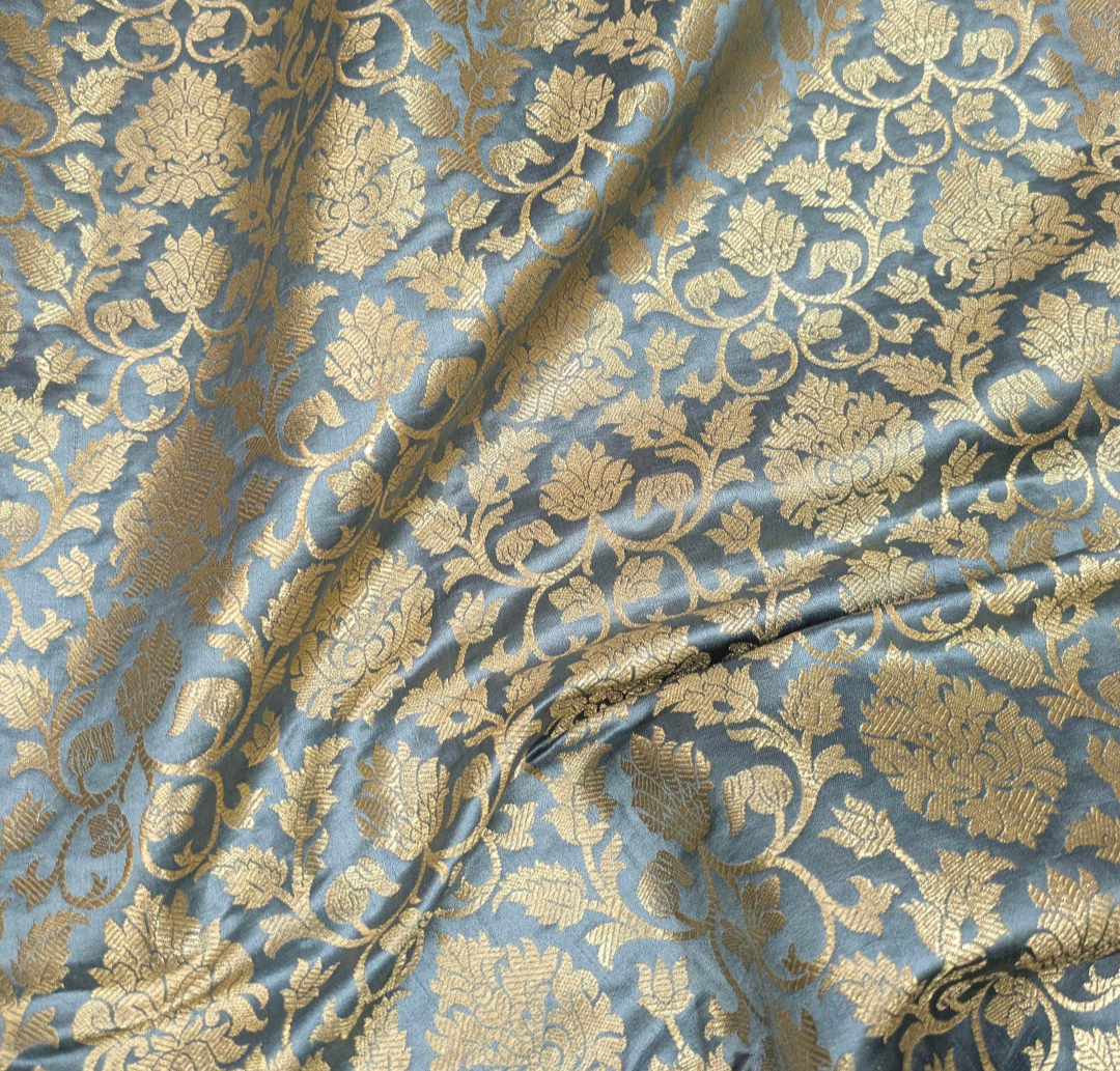 Banarasi brocade fabric, Gray gold Wedding fabric, Jacquard fabric, Rayon silk brocade, Historical fabric, Fabric by the yard/meter - NFAF13