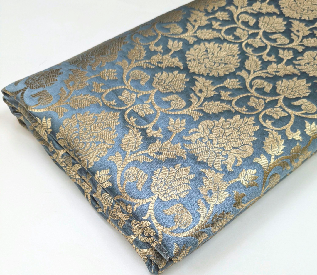 Banarasi brocade fabric, Gray gold Wedding fabric, Jacquard fabric, Rayon silk brocade, Historical fabric, Fabric by the yard/meter - NFAF13