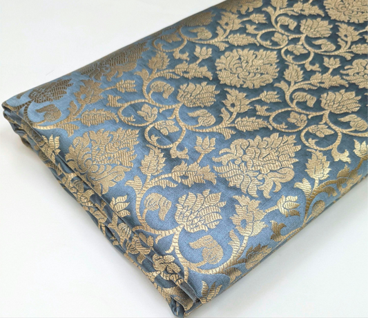 Banarasi brocade fabric, Gray gold Wedding fabric, Jacquard fabric, Rayon silk brocade, Historical fabric, Fabric by the yard/meter - NFAF13