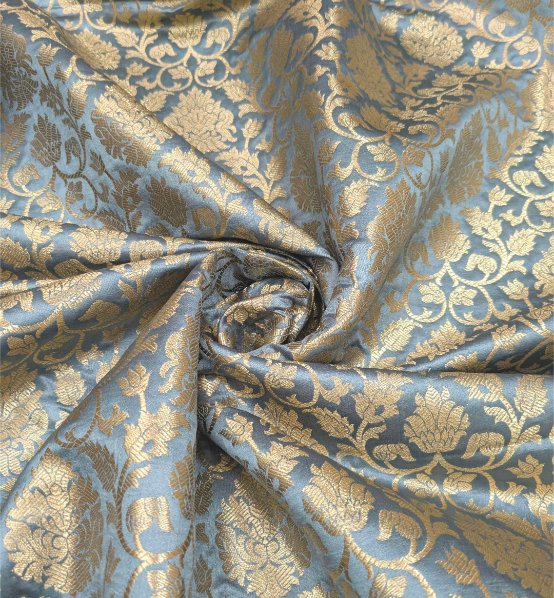 Banarasi brocade fabric, Gray gold Wedding fabric, Jacquard fabric, Rayon silk brocade, Historical fabric, Fabric by the yard/meter - NFAF13