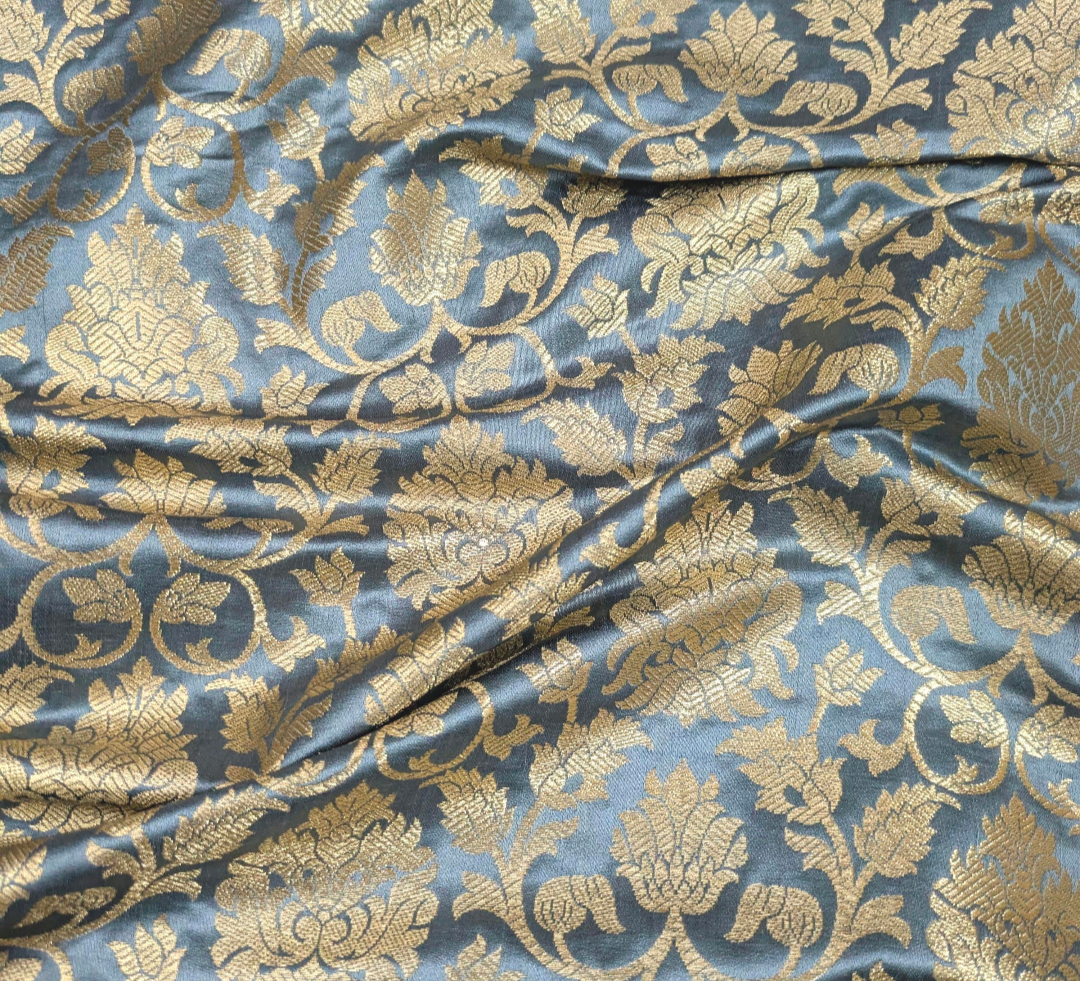 Banarasi brocade fabric, Gray gold Wedding fabric, Jacquard fabric, Rayon silk brocade, Historical fabric, Fabric by the yard/meter - NFAF13