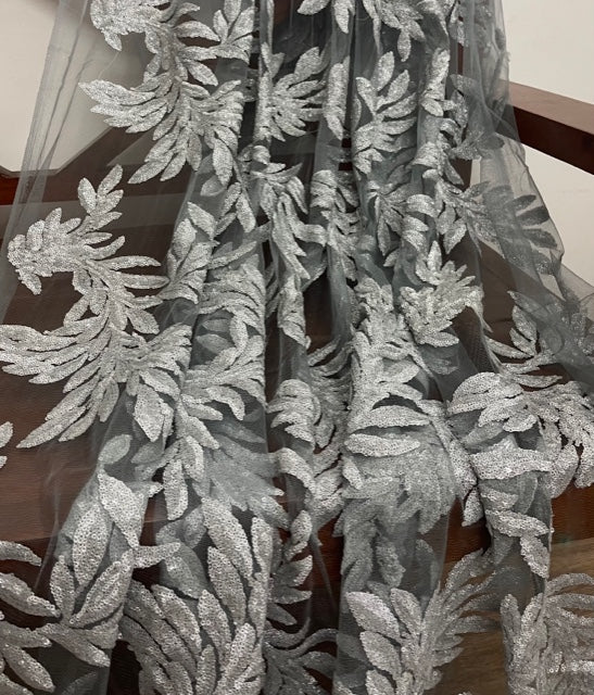 Indian Embroidered Tulle Net Fabric in Gray color, Multiple lengths will come in the continuous piece - NF234