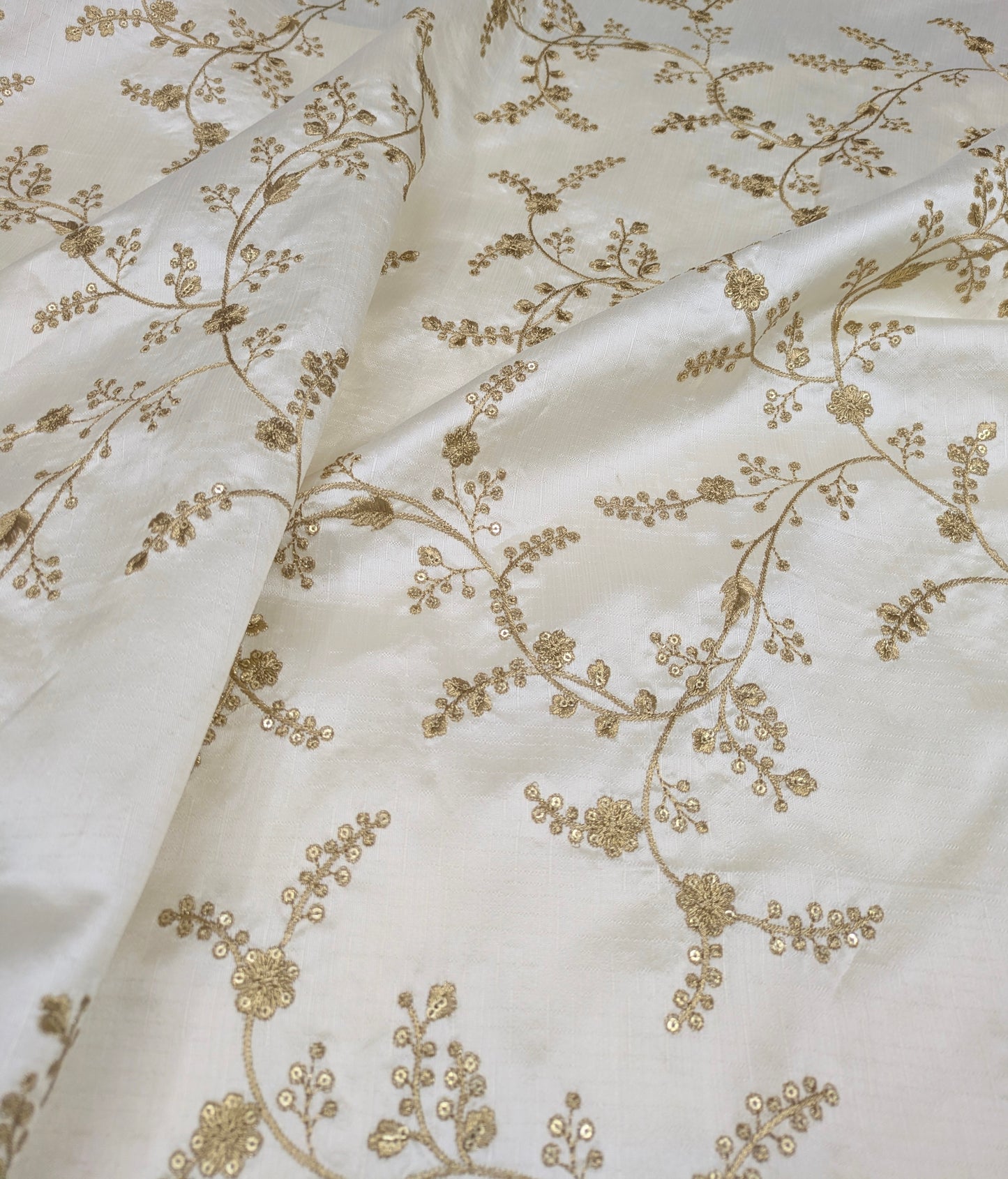 Off White and Gold Embroidered Fabric, Haute couture, Wedding inspiration, Gold flower, Royal fabric, Fashion fabric - NFAF30