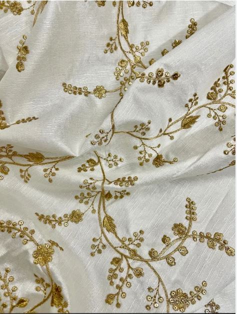 Indian Embroidered Fabric in Off White and Gold color, Multiple lengths will come in the continuous piece - NF30