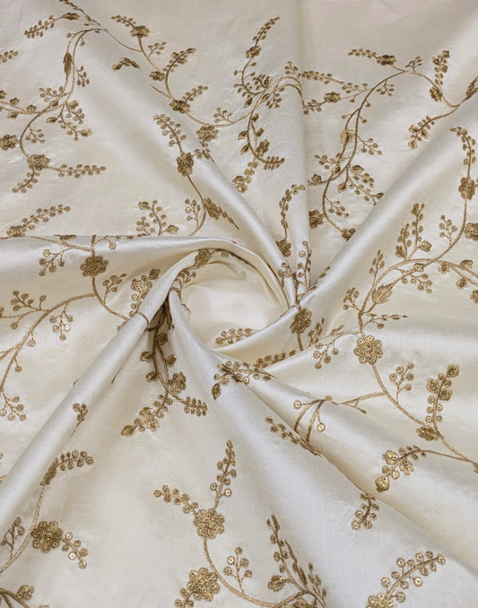 Off White and Gold Embroidered Fabric, Haute couture, Wedding inspiration, Gold flower, Royal fabric, Fashion fabric - NFAF30