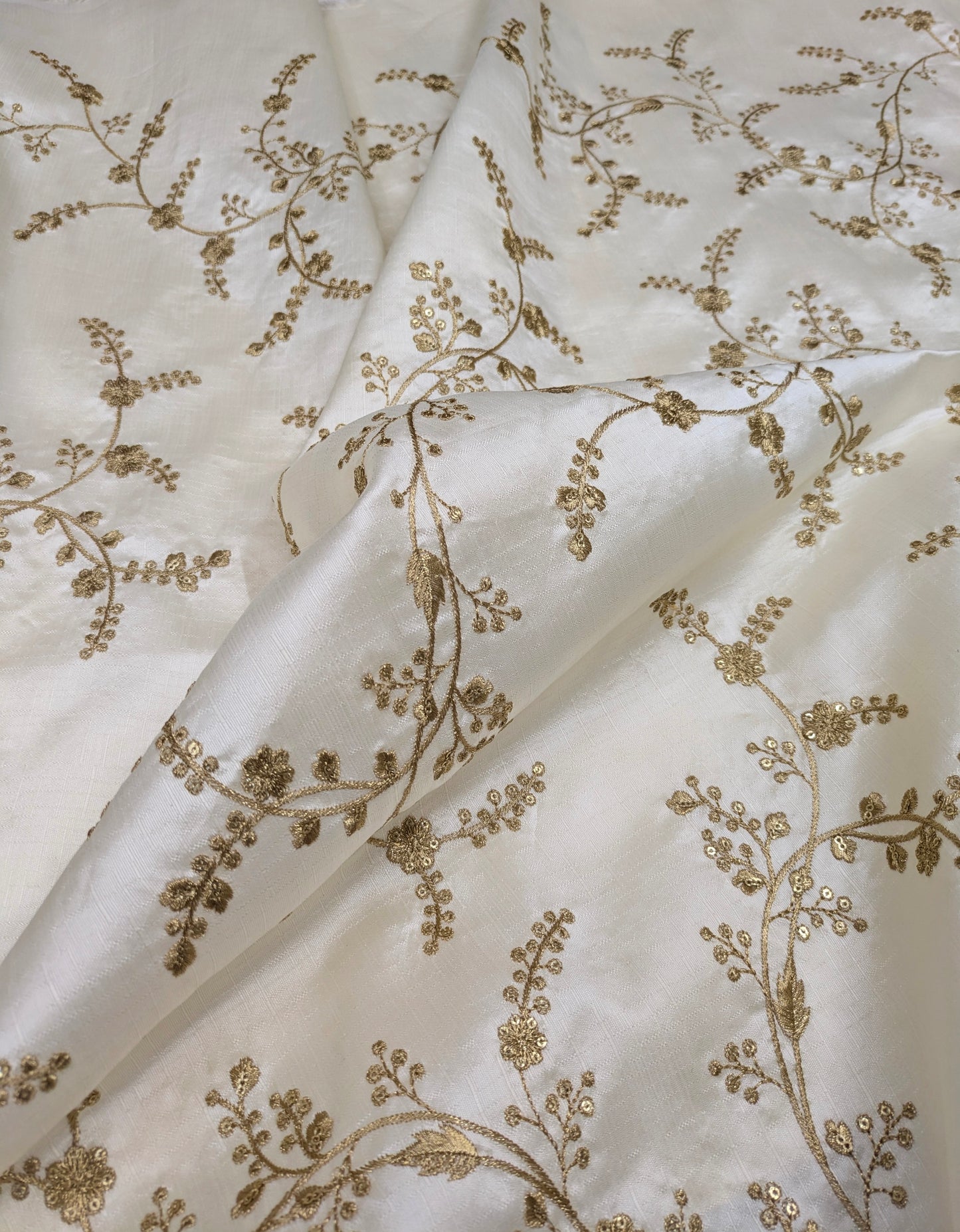 Off White and Gold Embroidered Fabric, Haute couture, Wedding inspiration, Gold flower, Royal fabric, Fashion fabric - NFAF30