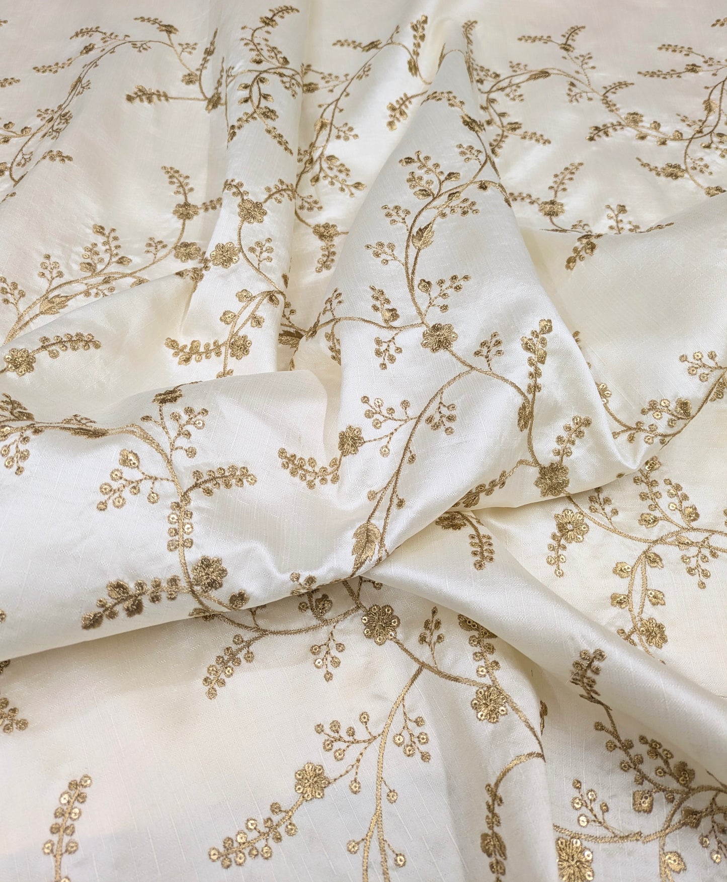 Off White and Gold Embroidered Fabric, Haute couture, Wedding inspiration, Gold flower, Royal fabric, Fashion fabric - NFAF30