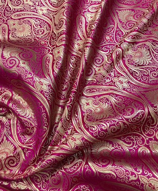 Indian Banarasi Brocade fabric in Pink and Gold color,  Multiple lengths will come in a continuous piece - NF327