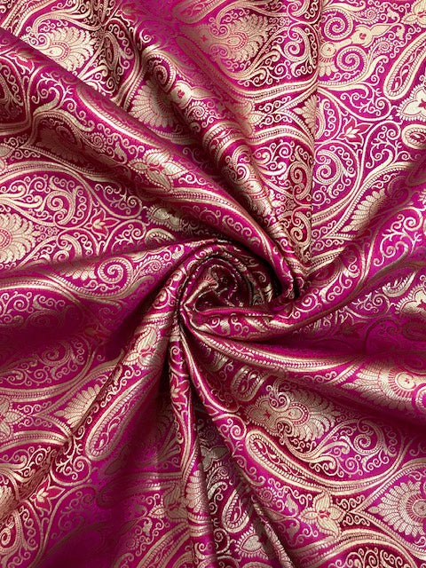 Indian Banarasi Brocade fabric in Pink and Gold color,  Multiple lengths will come in a continuous piece - NF327