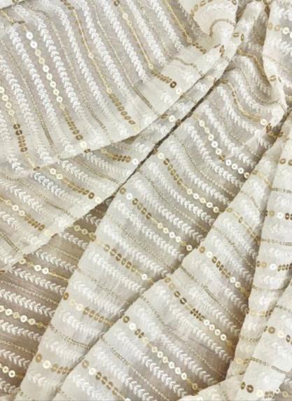 Indian Embroidered Chiffon Fabric in Off White color, Multiple lengths will come in the continuous piece - NF332