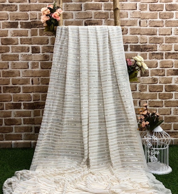 Indian Embroidered Chiffon Fabric in Off White color, Multiple lengths will come in the continuous piece - NF332