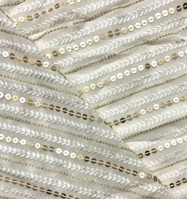 Indian Embroidered Chiffon Fabric in Off White color, Multiple lengths will come in the continuous piece - NF332