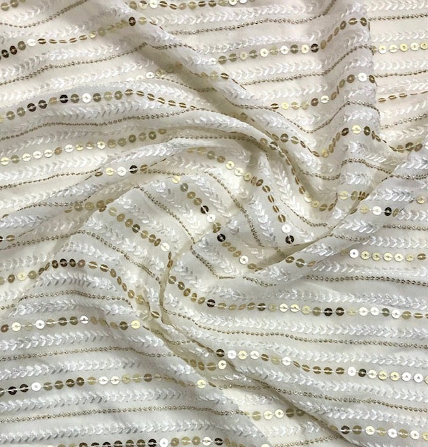 Indian Embroidered Chiffon Fabric in Off White color, Multiple lengths will come in the continuous piece - NF332