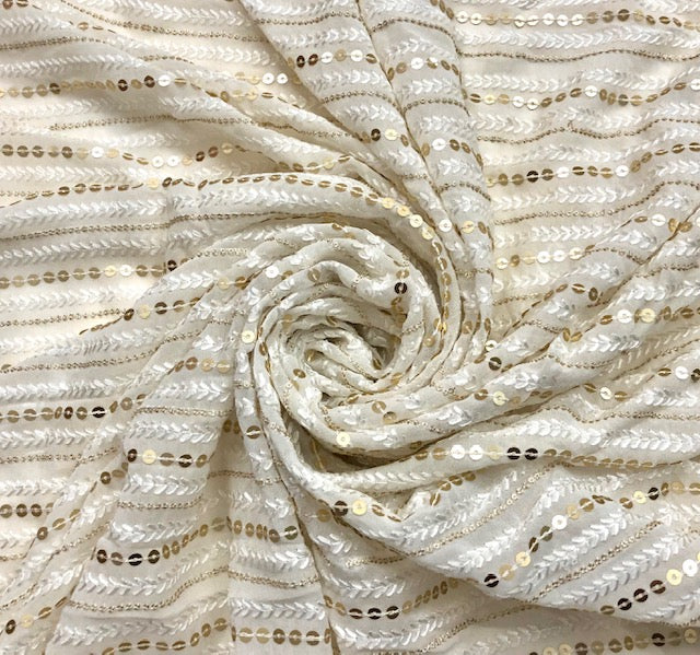 Indian Embroidered Chiffon Fabric in Off White color, Multiple lengths will come in the continuous piece - NF332