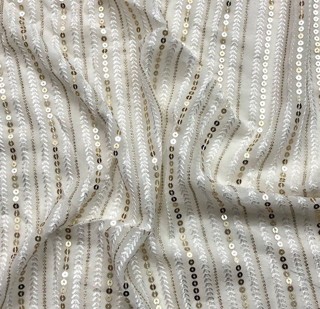 Indian Embroidered Chiffon Fabric in Off White color, Multiple lengths will come in the continuous piece - NF332