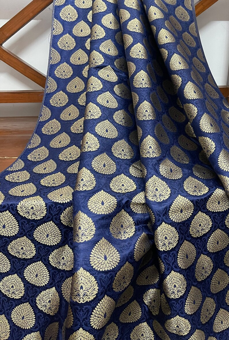 Indian Banarasi Brocade fabric in Blue and Gold color,  Multiple lengths will come in the continuous piece - NF341