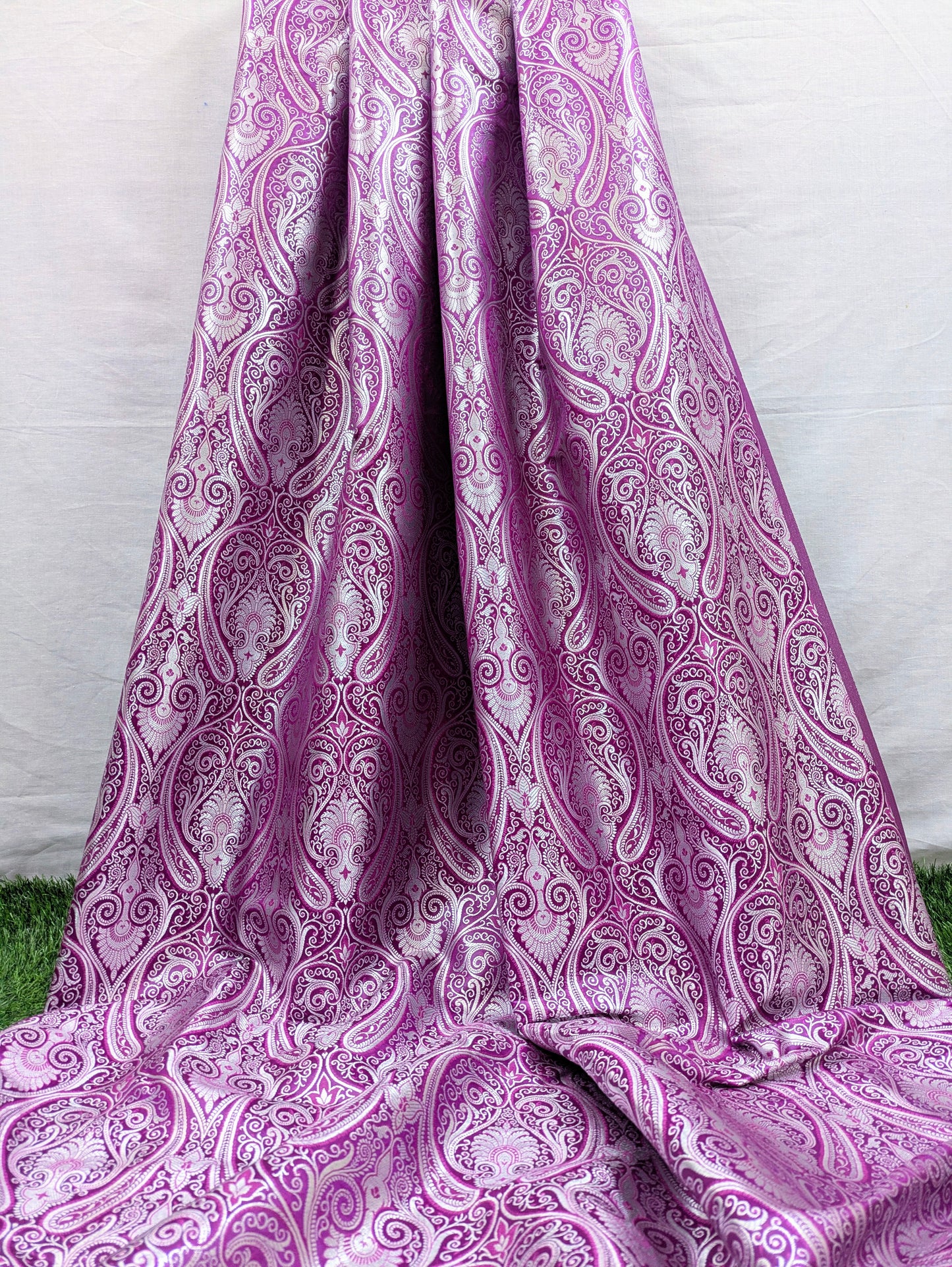 Purple Silver Brocade fabric by the yard Jacquard fabric Damask Fabric Wedding bridal  Banarasi brocade Indian Silk Brocade-NFAF353