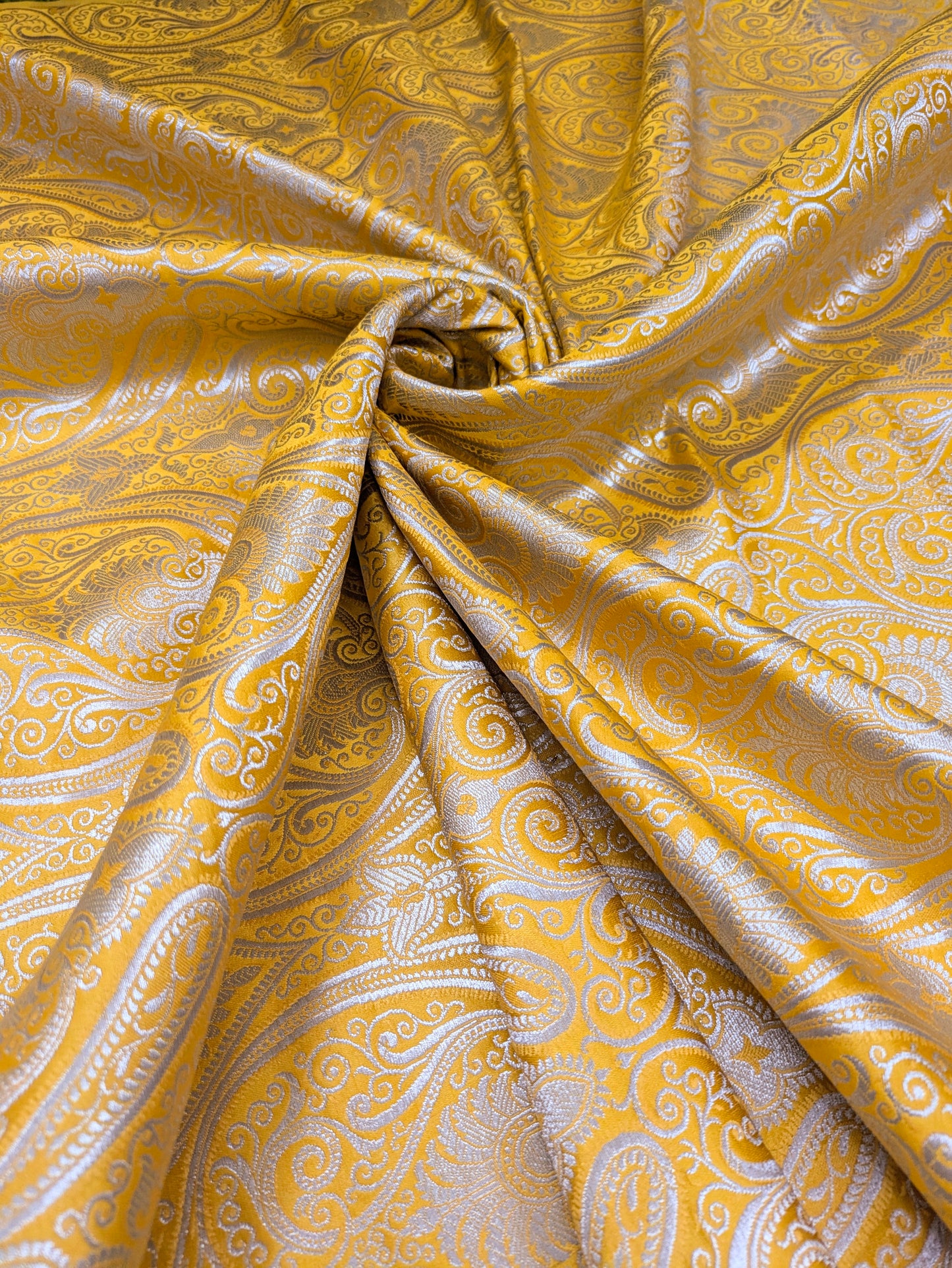 Banarasi Brocade Fabric, Yellow Silver Jacquard fabric, Home décor fabric, Wedding fabric, Historical fabric, Party fabric - NFAF356