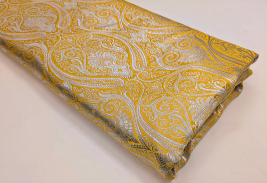 Banarasi Brocade Fabric, Yellow Silver Jacquard fabric, Home décor fabric, Wedding fabric, Historical fabric, Party fabric - NFAF356