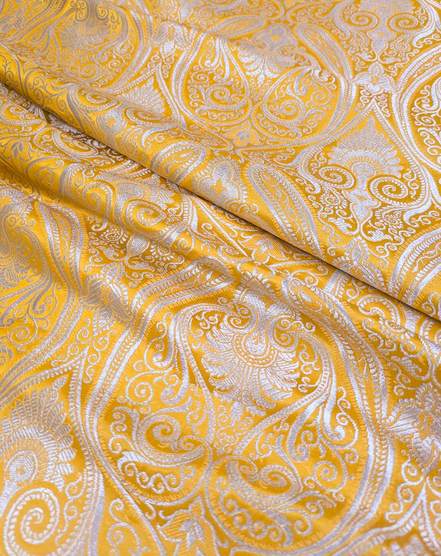 Banarasi Brocade Fabric, Yellow Silver Jacquard fabric, Home décor fabric, Wedding fabric, Historical fabric, Party fabric - NFAF356