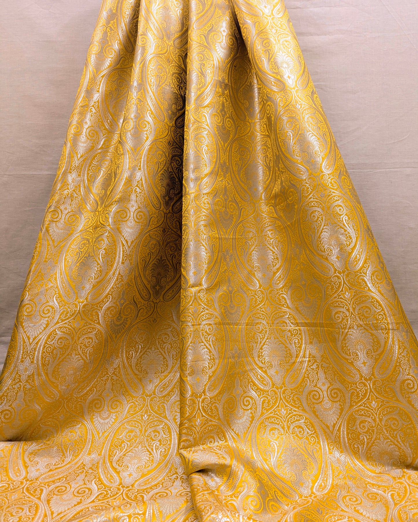 Banarasi Brocade Fabric, Yellow Silver Jacquard fabric, Home décor fabric, Wedding fabric, Historical fabric, Party fabric - NFAF356