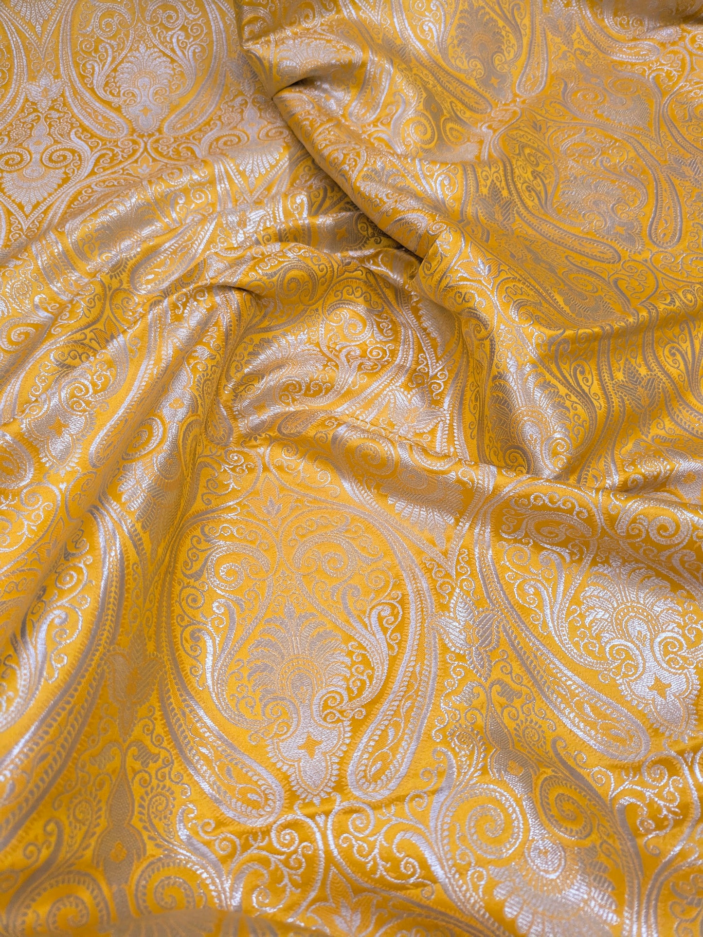 Banarasi Brocade Fabric, Yellow Silver Jacquard fabric, Home décor fabric, Wedding fabric, Historical fabric, Party fabric - NFAF356