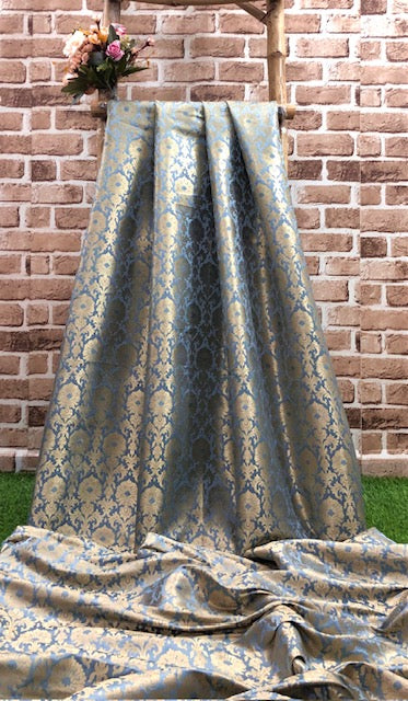 Indian Banarasi Brocade Fabric in Gray and Gold color, Multiple lengths will come in the continuous piece - NF35