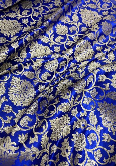 Indian Banarasi Brocade Fabric in Blue and Gold color, Multiple lengths will come in the continuous piece - NF364