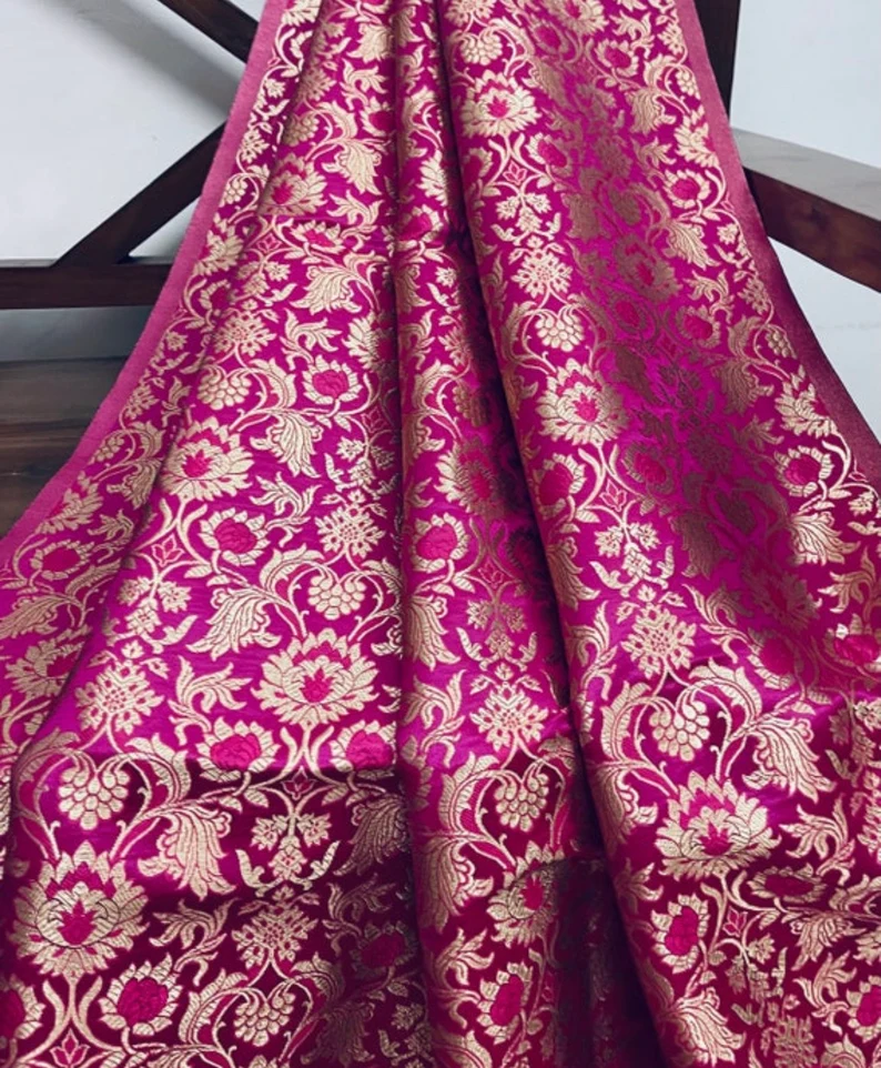 Indian Banarasi Brocade Fabric in Pink and Gold color, Multiple lengths will come in the continuous piece - NF365