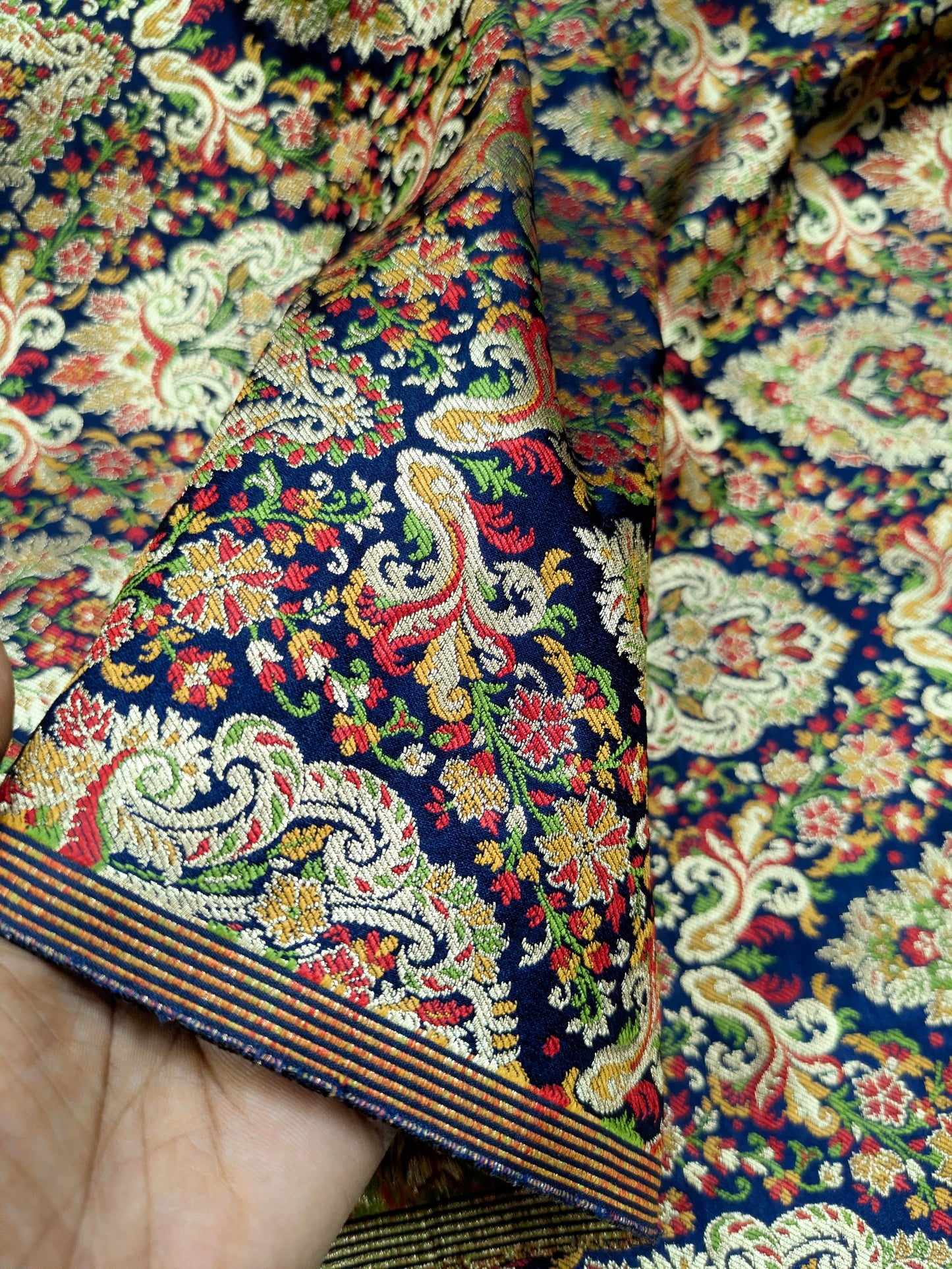 Indian Brocade fabric by the yard Navy blue and gold Jacquard fabric Wedding dress bridal fabric silk brocade fabric- NFAF368