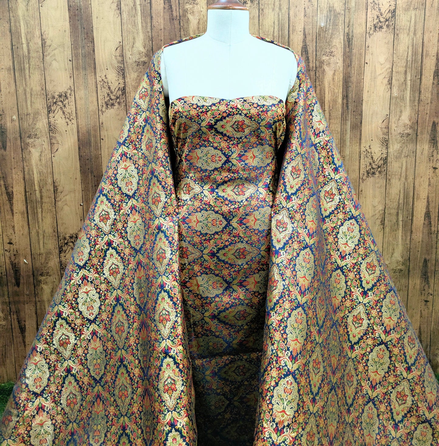 Indian Brocade fabric by the yard Navy blue and gold Jacquard fabric Wedding dress bridal fabric silk brocade fabric- NFAF368