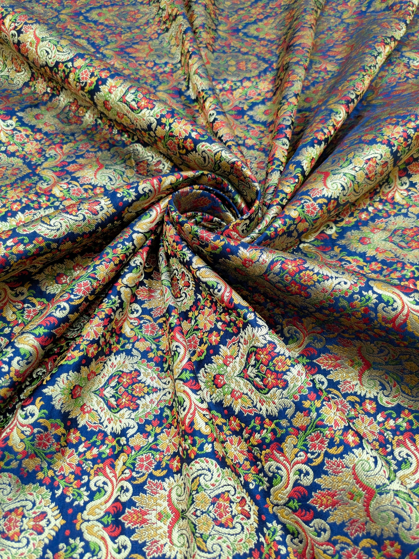 Indian Brocade fabric by the yard Navy blue and gold Jacquard fabric Wedding dress bridal fabric silk brocade fabric- NFAF368