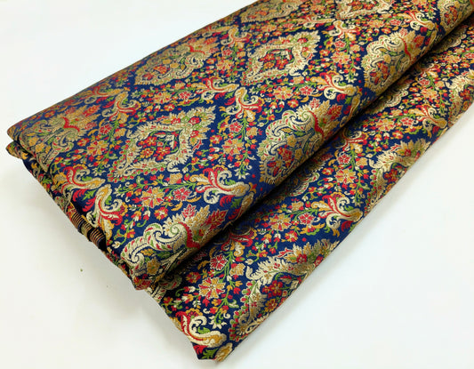 Indian Brocade fabric by the yard Navy blue and gold Jacquard fabric Wedding dress bridal fabric silk brocade fabric- NFAF368