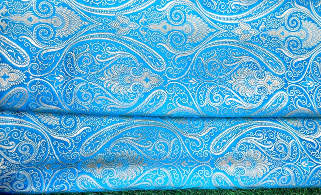 Indian Banarasi  Brocade Fabric in Blue and Gold color, Multiple lengths will come in the continuous piece - NF37