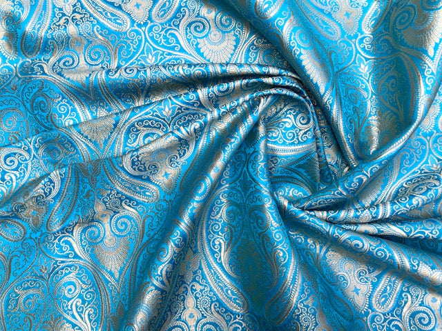 Indian Banarasi  Brocade Fabric in Blue and Gold color, Multiple lengths will come in the continuous piece - NF37