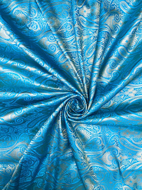 Indian Banarasi  Brocade Fabric in Blue and Gold color, Multiple lengths will come in the continuous piece - NF37