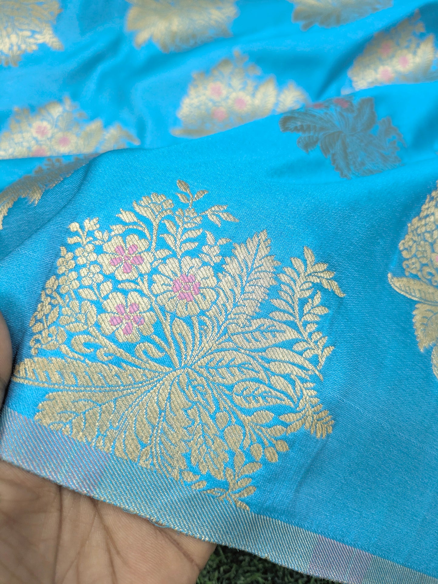Blue Gold jacquard brocade fabric, Metallic brocade, Satin brocade, Renaissance fabric, Designer fabric, Historical fabric, Floral brocade - NFAF39