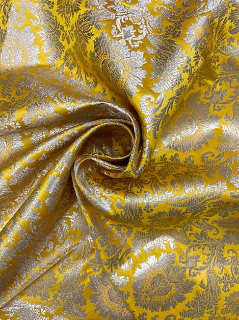 Indian Banarasi Brocade fabric in Yellow and Gold color, Multiple lengths will come in the continuous piece - NF409